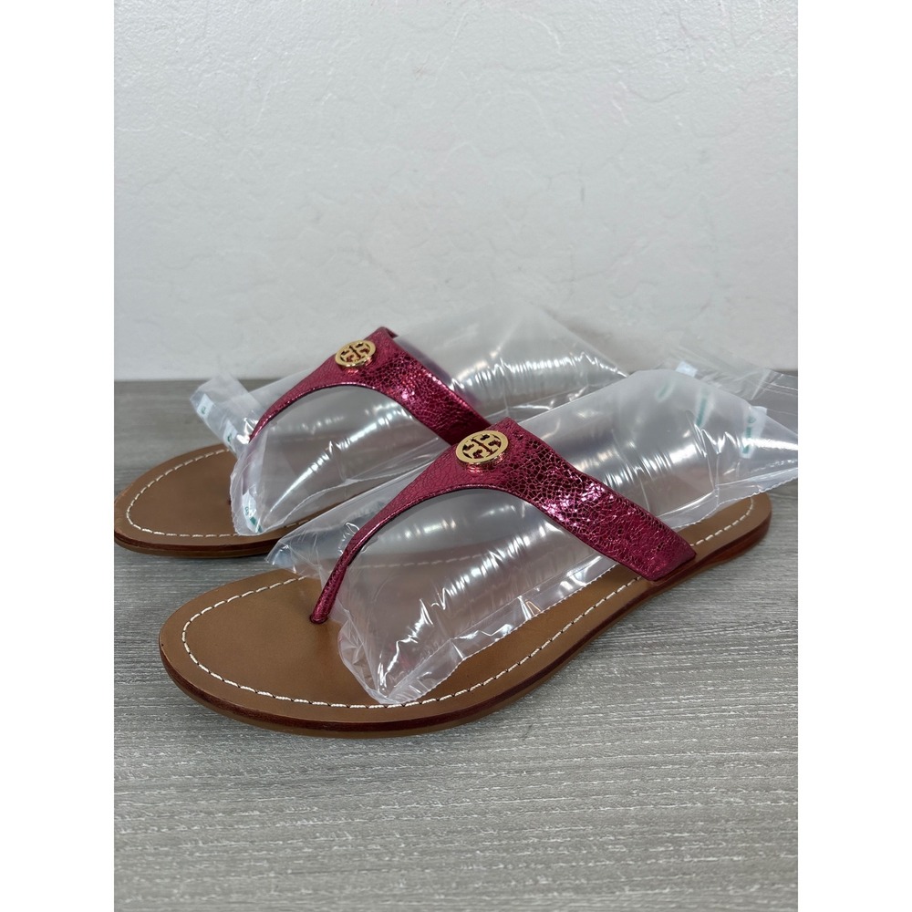 Tory Burch Cameron Metallic Pink Crackle Leather Thong Logo Sandals‎ Womens 9.5M